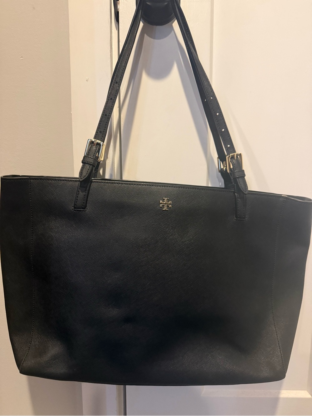Tory Burch Black Leather Saffiano Tote with Gold Logo